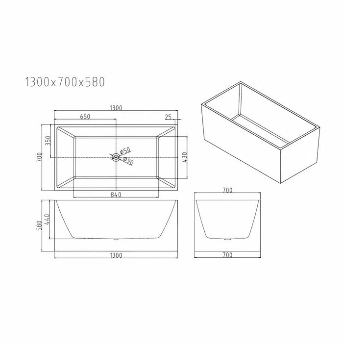1300/1400/1500/1700mm Mercio Orta Gloss White Rectangle Multi-Fit Freestanding Bathtub