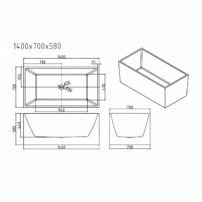 1300/1400/1500/1700mm Mercio Orta Gloss White Rectangle Multi-Fit Freestanding Bathtub