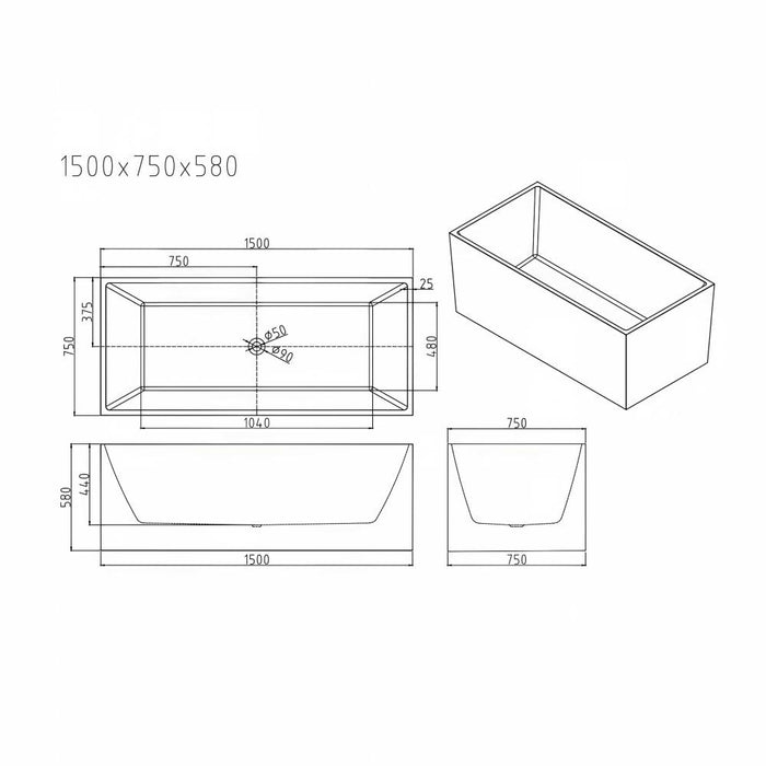 1300/1400/1500/1700mm Mercio Orta Gloss White Rectangle Multi-Fit Freestanding Bathtub