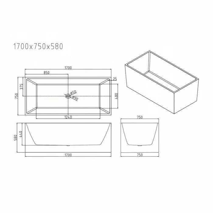 1300/1400/1500/1700mm Mercio Orta Gloss White Rectangle Multi-Fit Freestanding Bathtub