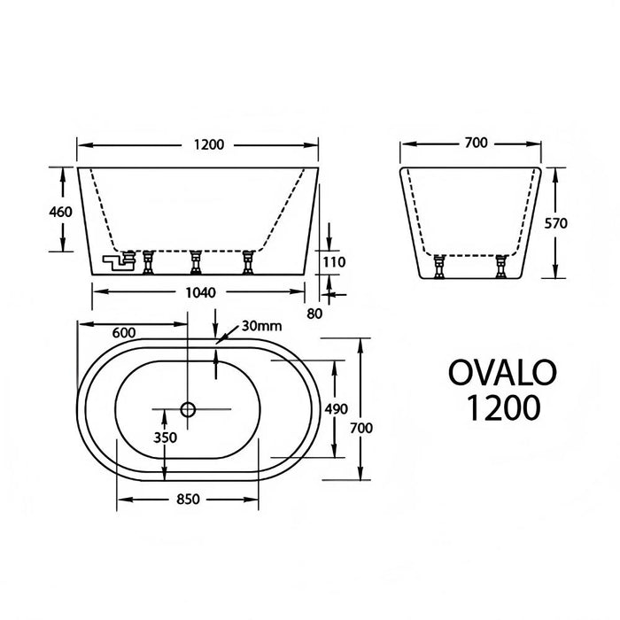1200/1350/1500/1600/1700*700mm Broadway Ovalo White Acrylic Freestanding Bathtub