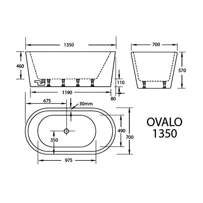 1200/1350/1500/1600/1700*700mm Broadway Ovalo White Acrylic Freestanding Bathtub