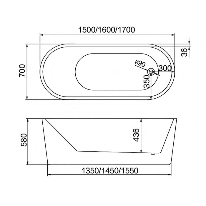 1200/1350/1500/1600/1700*700mm Broadway Ovalo White Acrylic Freestanding Bathtub
