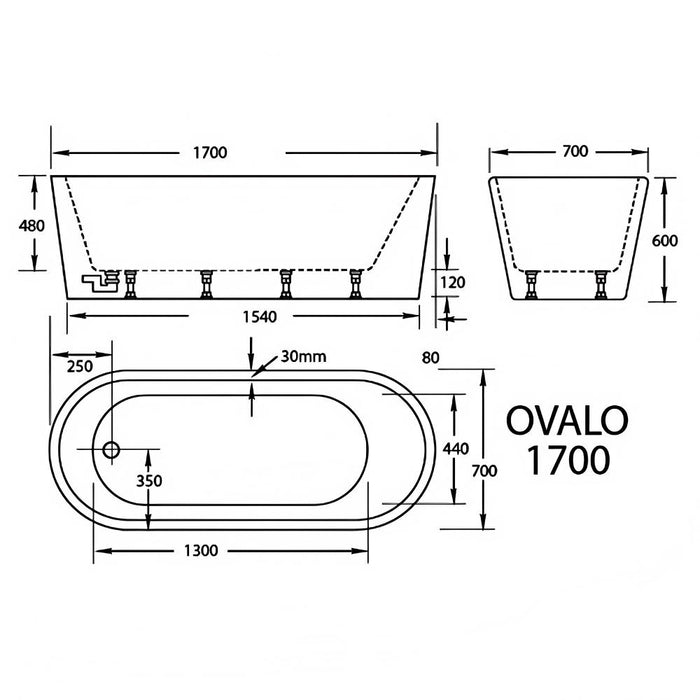 1200/1350/1500/1600/1700*700mm Broadway Ovalo White Acrylic Freestanding Bathtub