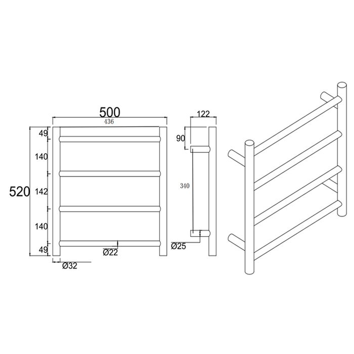 4 Bars Round Matte Black Stainless Steel Electric Heated Towel Rack