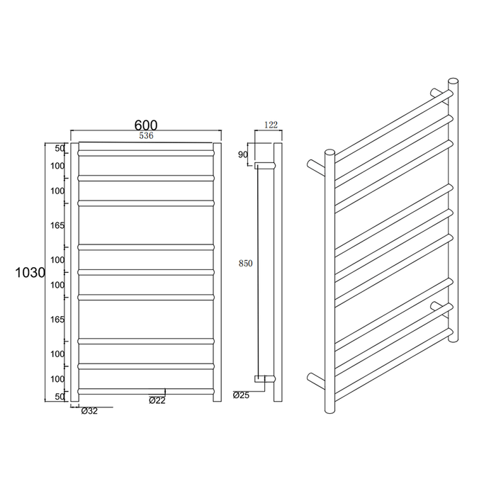 9 Bars Round Matte Black Stainless Steel Electric Heated Towel Rack