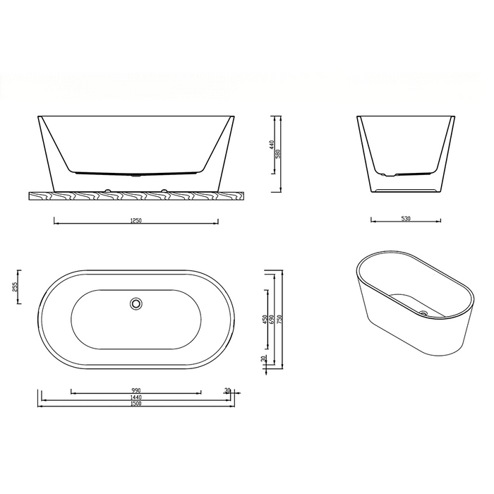 1200/1350/1500/1600/1700*700mm Broadway Ovalo White Acrylic Freestanding Bathtub