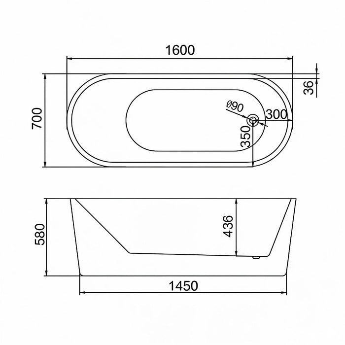 1200/1350/1500/1600/1700*700mm Broadway Ovalo White Acrylic Freestanding Bathtub