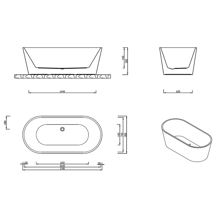 1200/1350/1500/1600/1700*700mm Broadway Ovalo White Acrylic Freestanding Bathtub