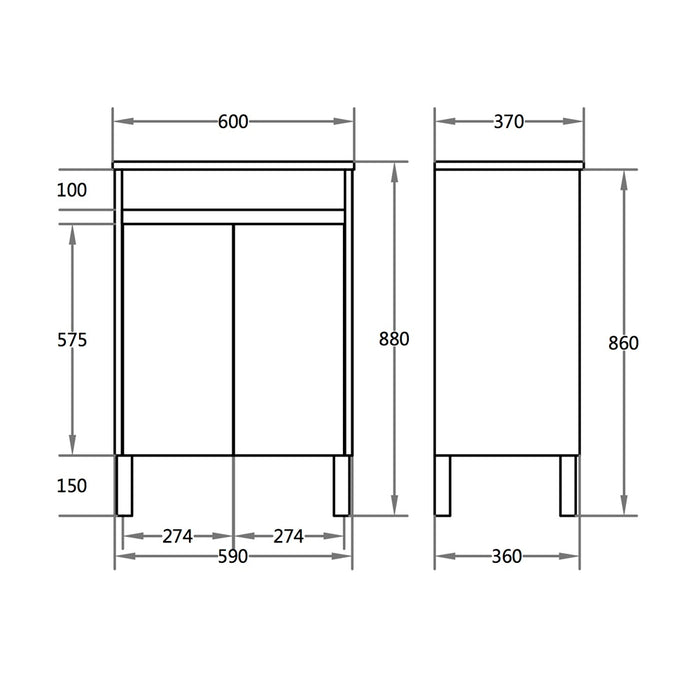 600-900*370mm Bathroom Slim Vanity PVC White Freestanding/Wall Hung Soft Closing Doors / Drawers Cabinet Only and Ceramic Top Available