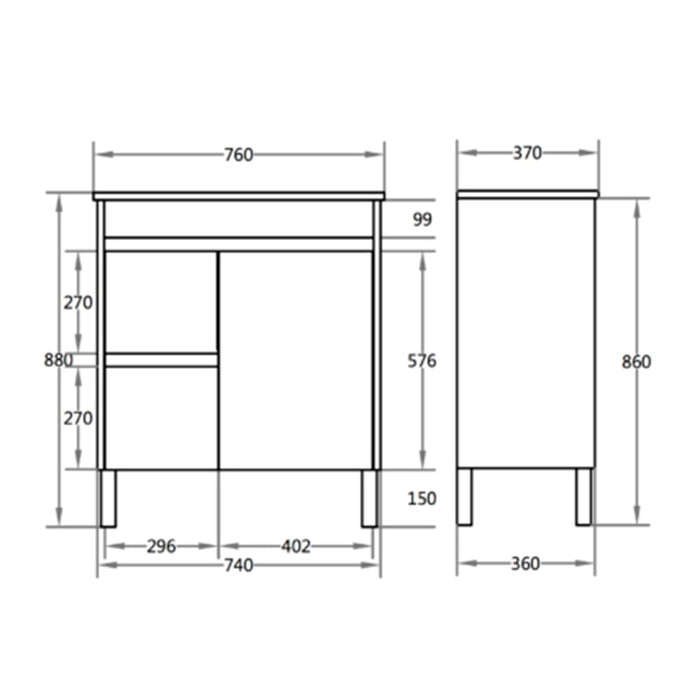 600-900*370mm Bathroom Slim Vanity PVC White Freestanding/Wall Hung Soft Closing Doors / Drawers Cabinet Only and Ceramic Top Available