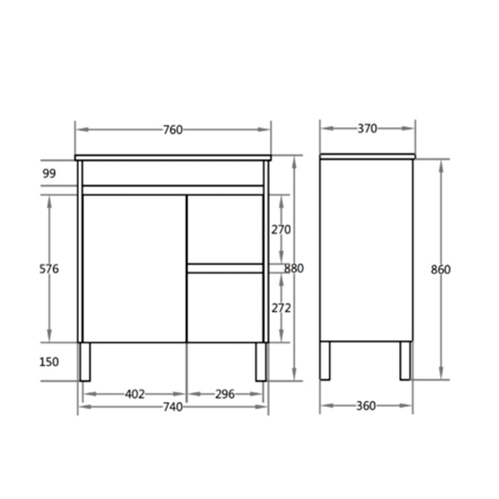 600-900*370mm Bathroom Slim Vanity PVC White Freestanding/Wall Hung Soft Closing Doors / Drawers Cabinet Only and Ceramic Top Available