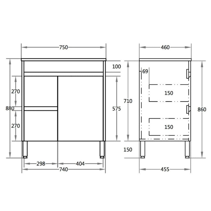 600-750*460*880mm Poseidon Standard With Legs PVC Gloss White Freestanding Vanity