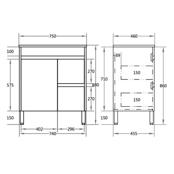 600-750*460*880mm Poseidon Standard With Kickboard PVC Gloss White Freestanding Vanity