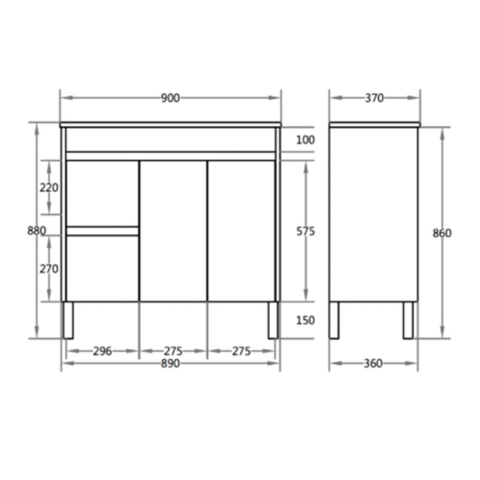 600-900*370mm Bathroom Slim Vanity PVC White Freestanding/Wall Hung Soft Closing Doors / Drawers Cabinet Only and Ceramic Top Available