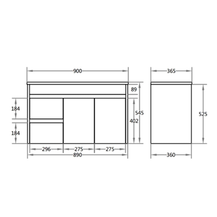 600-900*370mm Bathroom Slim Vanity PVC White Freestanding/Wall Hung Soft Closing Doors / Drawers Cabinet Only and Ceramic Top Available