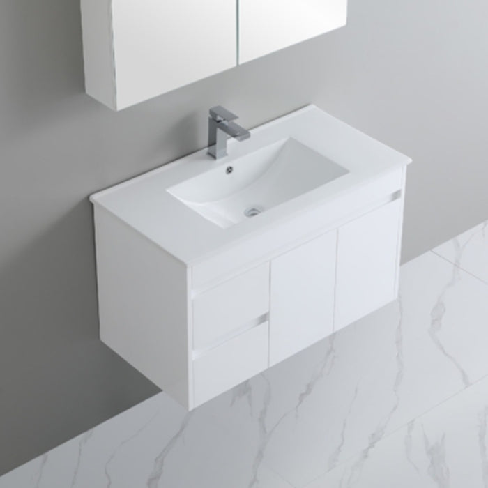 600-900*370mm Bathroom Slim Vanity PVC White Freestanding/Wall Hung Soft Closing Doors / Drawers Cabinet Only and Ceramic Top Available