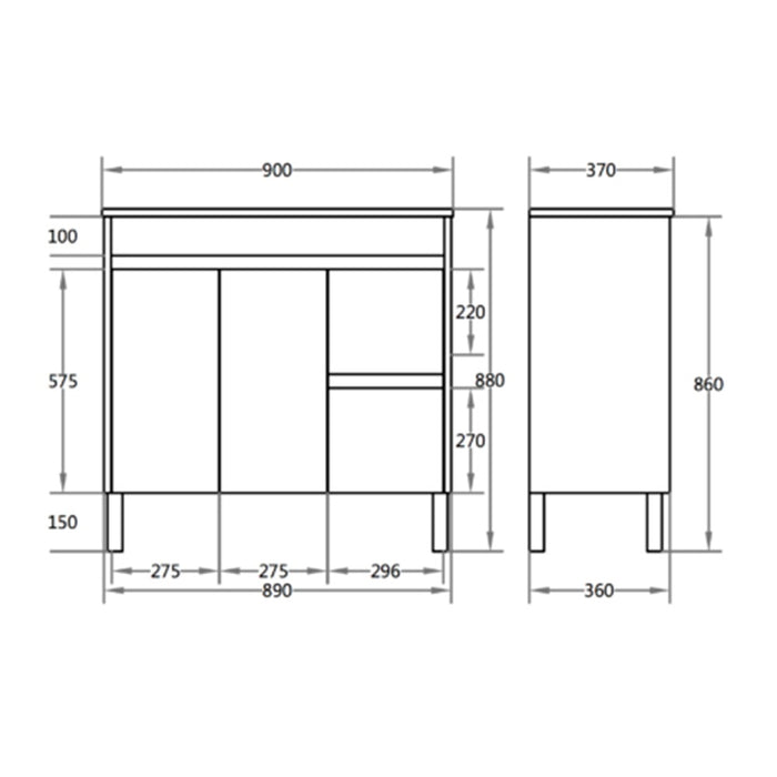 600-900*370mm Bathroom Slim Vanity PVC White Freestanding/Wall Hung Soft Closing Doors / Drawers Cabinet Only and Ceramic Top Available