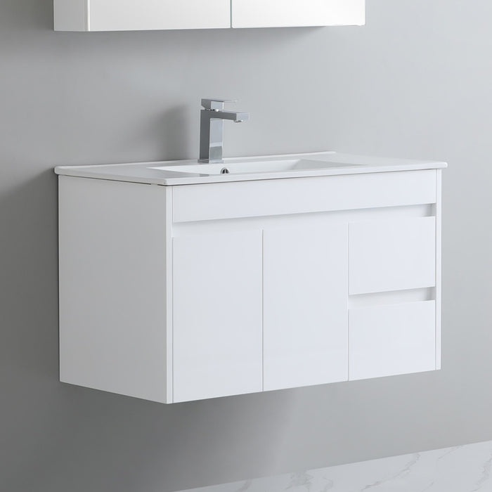 600-900*370mm Bathroom Slim Vanity PVC White Freestanding/Wall Hung Soft Closing Doors / Drawers Cabinet Only and Ceramic Top Available