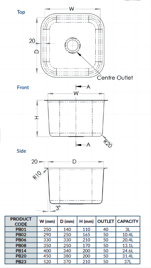304 Grade Stainless Steel Pressed Sink Bowl (350W x250D x170H) - HD reno