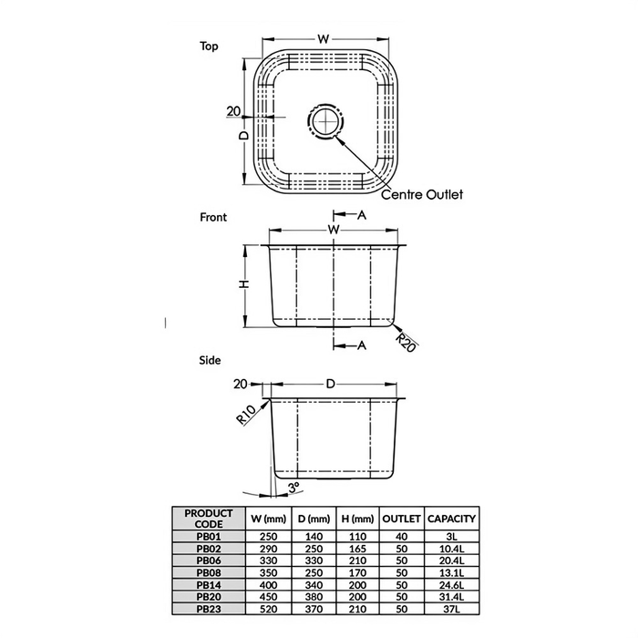 304 Grade Stainless Steel Pressed Sink Bowl (520W x370D x210H)