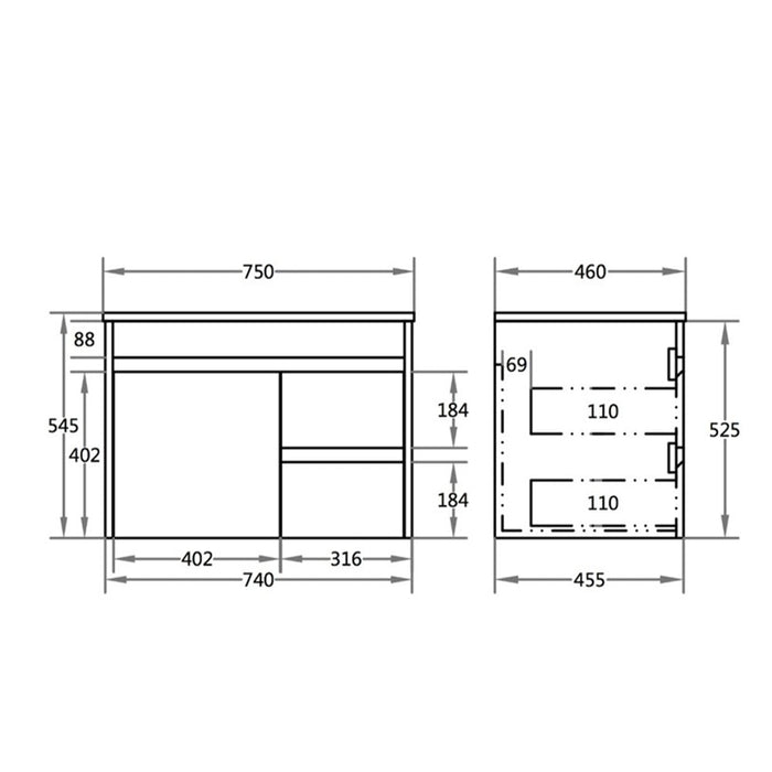 600-750*460mm Poly Gloss White Bathroom  Left/Right Drawer Wall Hung Vanity - HD reno