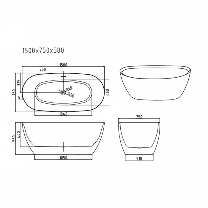 1500/1700*800*580mm Mercio Pilato White Oval Freestanding Bathtub