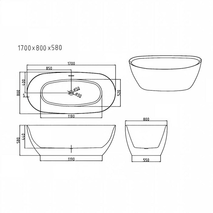 1500/1700*800*580mm Mercio Pilato White Oval Freestanding Bathtub