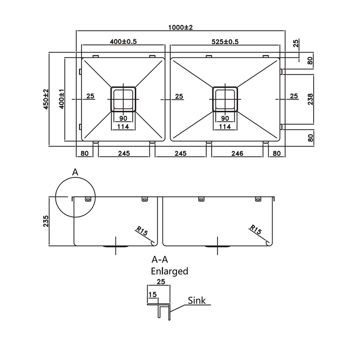1000*450*235mm Poseidon Stainless Steel Square Double Bowl Top/Undermount Kitchen Sink
