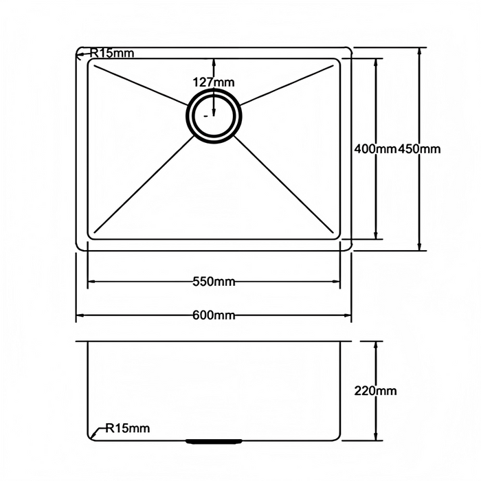 450/600/750*450*220mm Poseidon Stainless Steel Square Single Bowl Kitchen Sink
