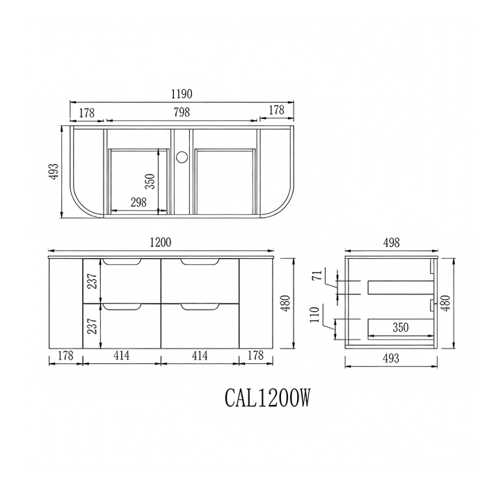 750-1500*493*480mm Poseidon VITO Calvo Classic Oak PVC Curved Wall Hung Vanity