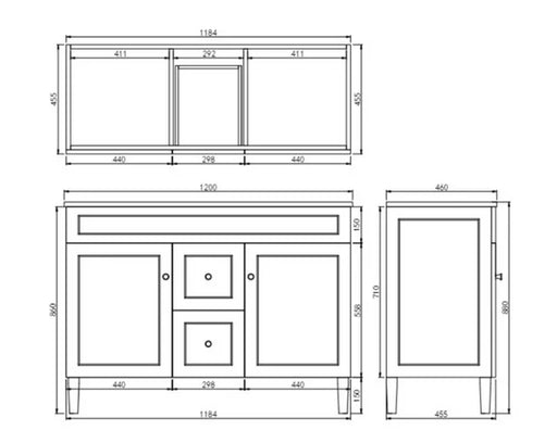 1200*455*860mm POS Harrington Matt White PVC Constructed Freestanding Vanity With Kick Board - Middle Drawer - HD reno