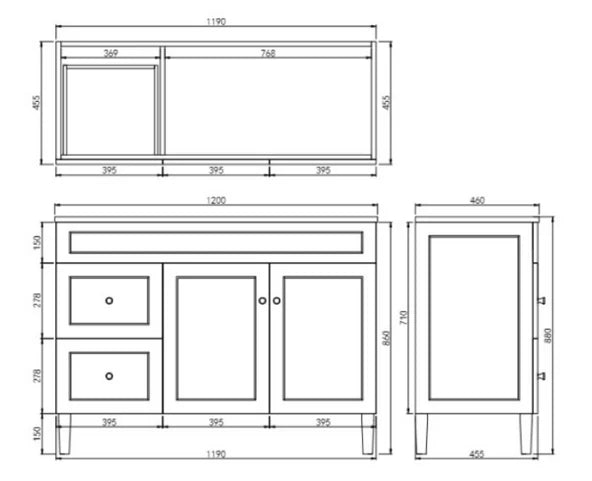 1200*455*860mm POS Harrington Matt White PVC Constructed Freestanding Vanity With Legs - Left Hand Drawer - HD reno