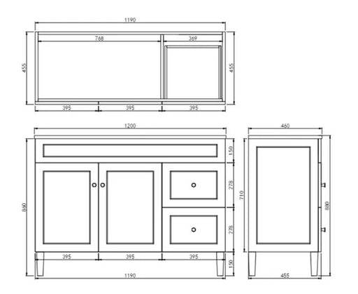 1200*455*860mm POS Harrington Matt White PVC Constructed Freestanding Vanity With Legs - Right Hand Drawer - HD reno