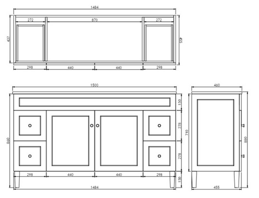 1500*455*860mm POS Harrington Matt White PVC Constructed Freestanding Vanity With Kick Board - HD reno