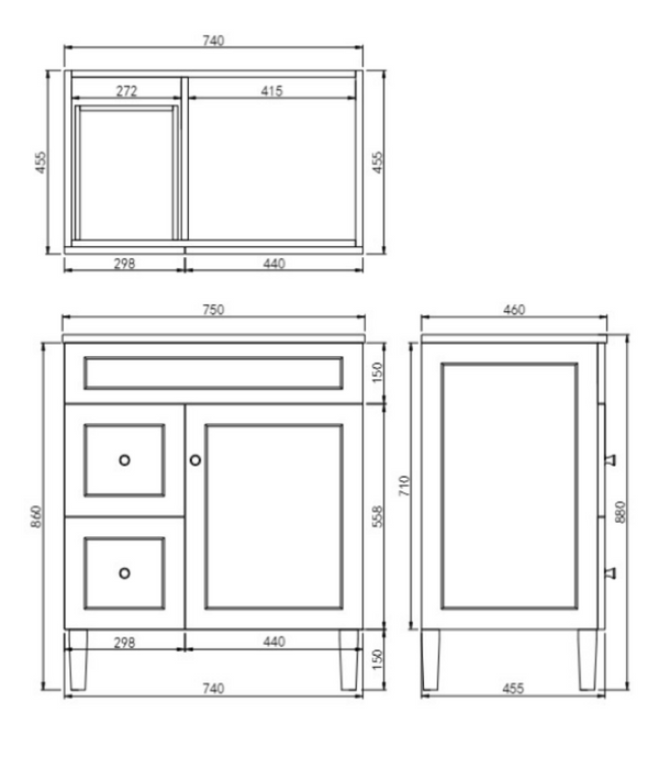 750*455*860mm POS Harrington Matt White PVC Constructed Freestanding Vanity With Legs - Left Hand Drawer - HD reno