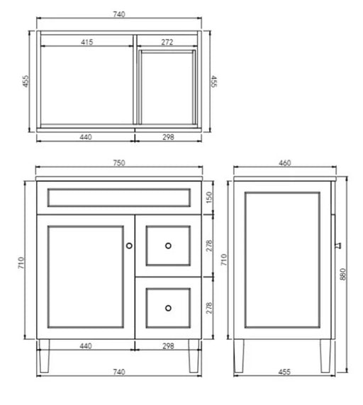 750*455*860mm POS Harrington Matt White PVC Constructed Freestanding Vanity With Legs - Right Hand Drawer - HD reno