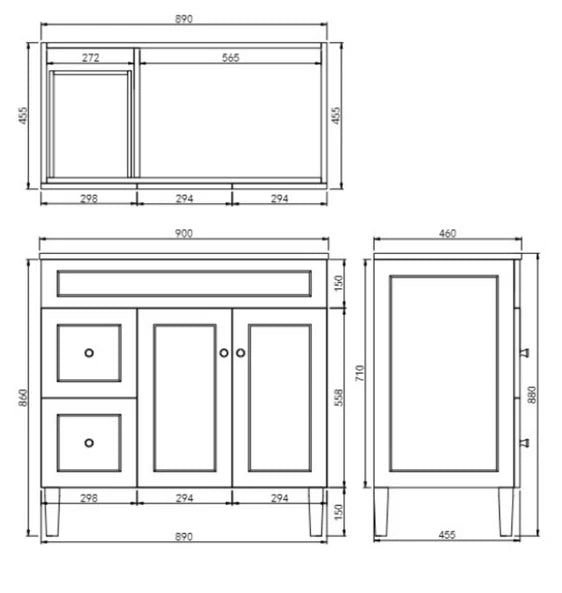 900*455*860mm POS Harrington Matt White PVC Constructed Freestanding Vanity With Legs - Left Hand Drawer - HD reno