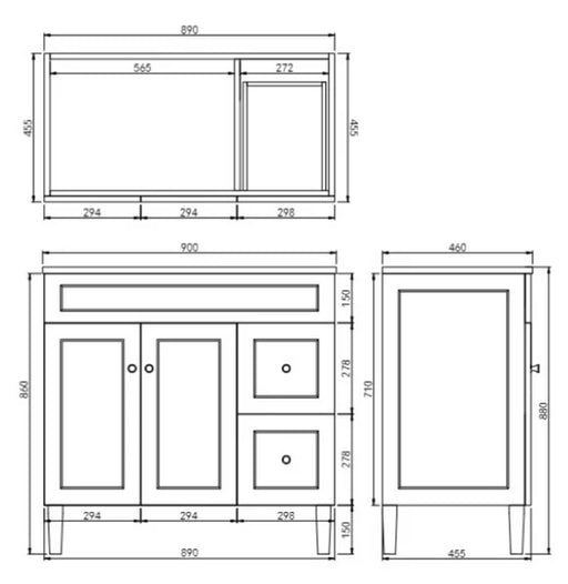 900*455*860mm POS Harrington Matt White PVC Constructed Freestanding Vanity With Legs - Right Hand Drawer - HD reno