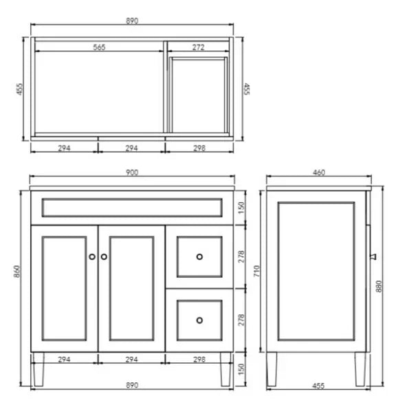 900*455*860mm POS Harrington Matt White PVC Constructed Freestanding Vanity With Kick Board - Right Hand Drawer - HD reno