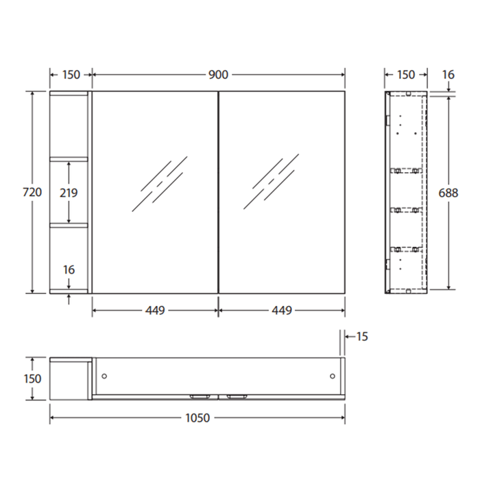 900*720*150mm Fienza Gloss White E1 MDF Board Copper-free Glass Rectangle Pencil/Bevel Edge Shaving Cabinet With Shelf