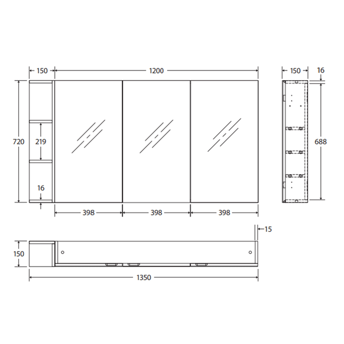 1200*720*150mm Fienza Gloss White E1 MDF Board Copper-free Glass Rectangle Pencil/Bevel Edge Shaving Cabinet With Shelf