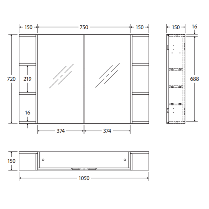 750*720*150mm Fienza Gloss White E1 MDF Board Copper-free Glass Rectangle Pencil/Bevel Edge Shaving Cabinet With Shelf