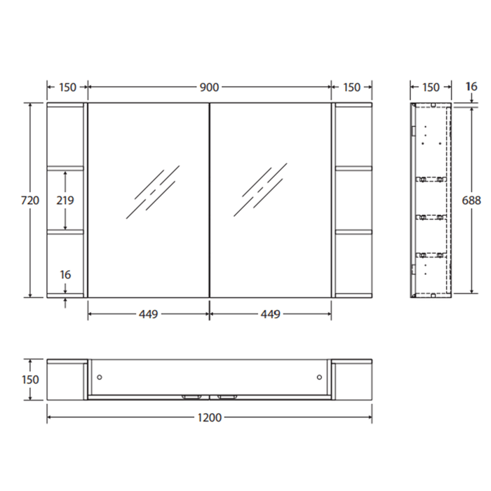 900*720*150mm Fienza Gloss White E1 MDF Board Copper-free Glass Rectangle Pencil/Bevel Edge Shaving Cabinet With Shelf