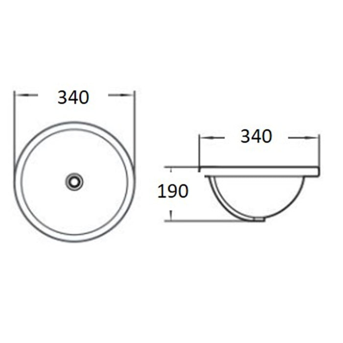 340*340*190mm Poseidon PU3434 Gloss White Ceramic Round With Overflow Under-Mount Basin