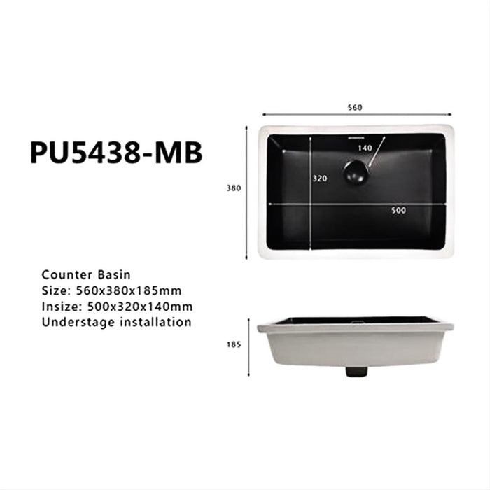 545*380*180mm Poseidon PU5438 Gloss White/Matt Black Ceramic Rectangle With Overflow Under-Mount Basin