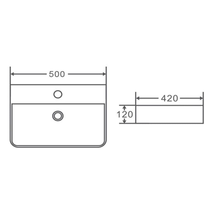 500*420*120mm Poseidon PW5042 Gloss White Ceramic Rectangle With Overflow 1 Tap Hole Wall Hung Above Counter Basin