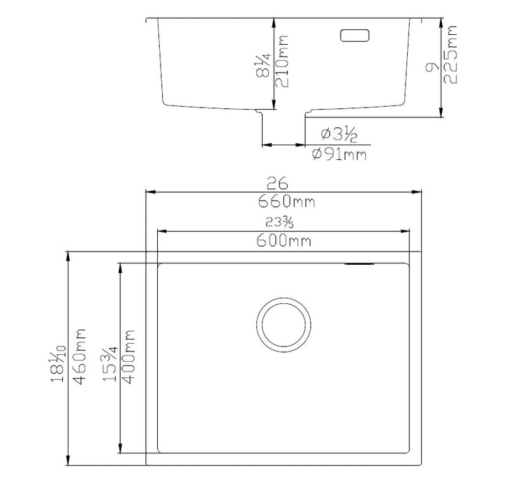 600*460*225mm Matte Black Single Bowl Quartz Undermount Kitchen Sink