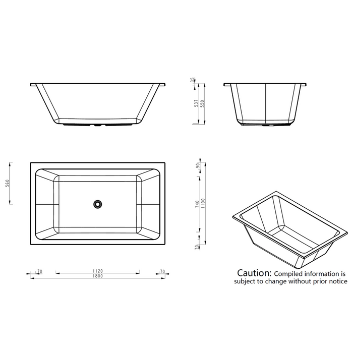 Quadrato  Drop In Spa Bathtub 1800*1100*550mm White 22 Jets Rectangle Acrylic