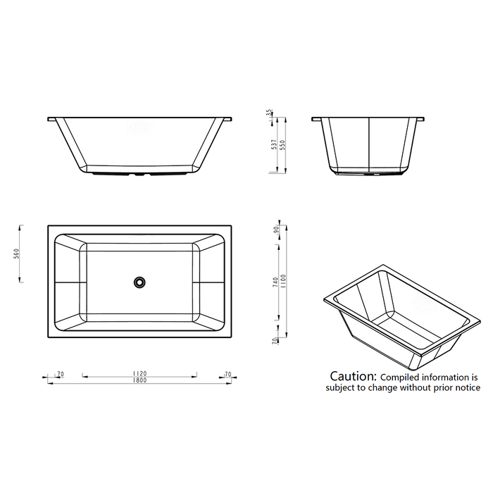Quadrato  Drop In Spa Bathtub 1800*1100*550mm White 22 Jets Rectangle Acrylic